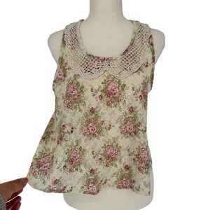 Forever 21 Floral Lace Tank Top M Crochet Collar Cottagecore Coquette Pink Cream